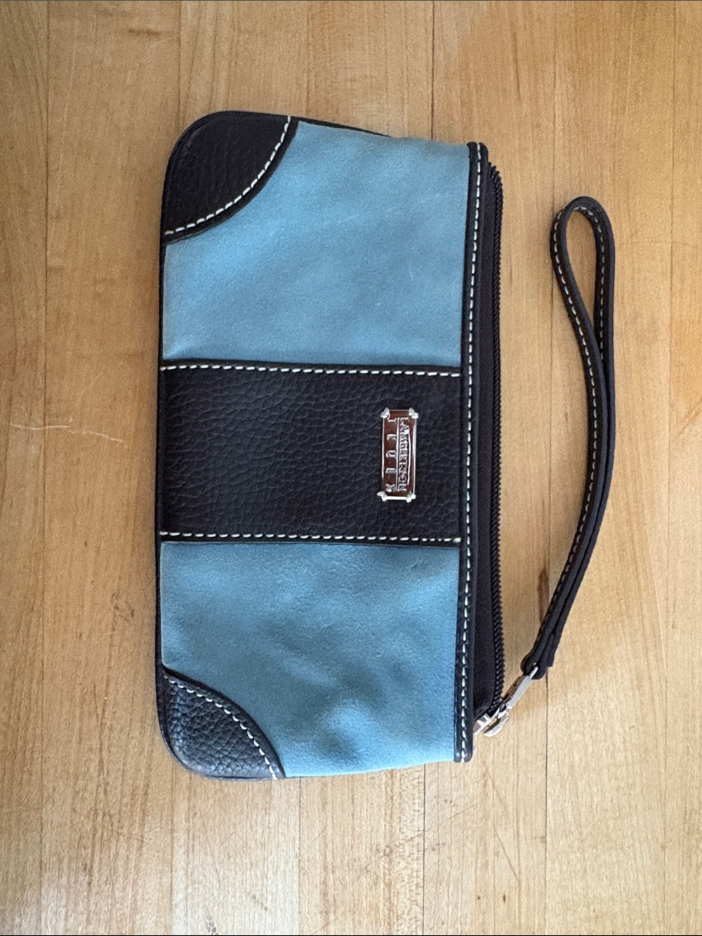 Lambertson truex Wristlet Wallet in Blue and Black with Metal Plaque